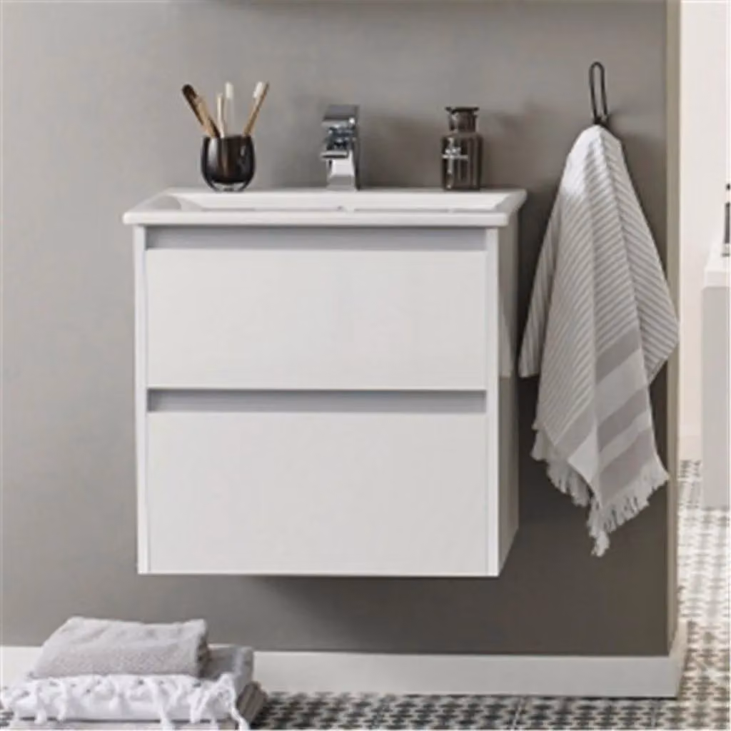 Clifton White Modern 2-Drawer Wall Hung Bathroom Unit with Basin, Width: 60 cm – 3