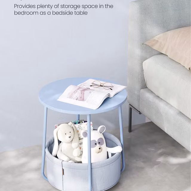 VASAGLE Round Blue Side Table with Fabric Basket, W/D/H: 45 x 45 x 51 cm