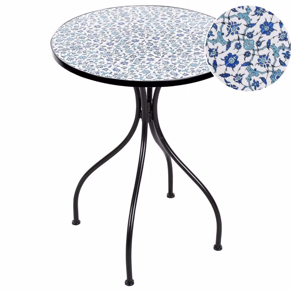Wyld and Coco Garden Bistro Table with Blue-and-White Ceramic Floral Top, Black, Diameter: 60 cm – 2