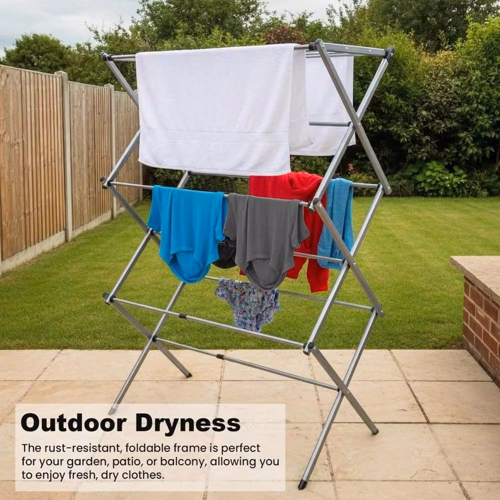 FLAVORA Heavy Duty 3-Tier Expandable and Foldable Metal Clothes Airer in Silver – 2