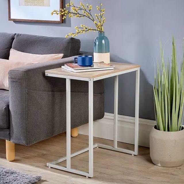FORGEVIO Industrial Sofa Side Coffee Table with Oak Wood Top and Grey Metal Frame in Brown – 1