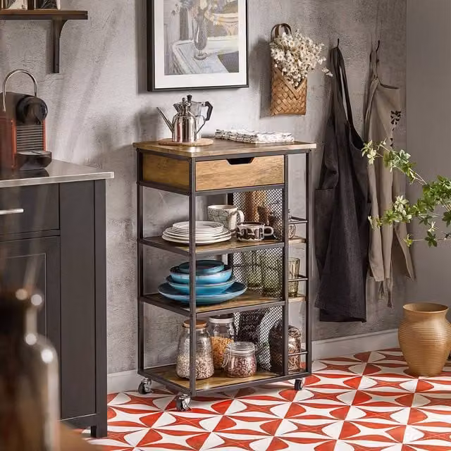 SoBuy Industrial Kitchen Trolley on Wheels with 1 Drawer and 4 Shelves in Brown and Black