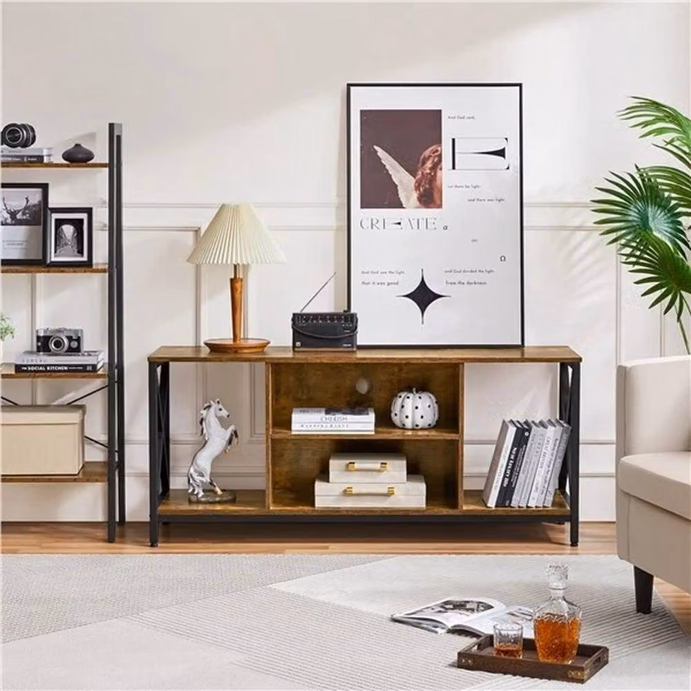 EONLION Industrial TV Cabinet with X-Shape Design and Storage Shelves in Brown and Black – 4