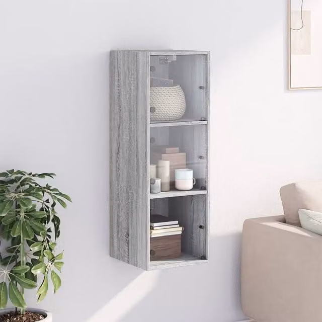 Berkfield Home Wall Cabinet with Glass Doors in Grey Sonoma, W/D/H: 35 x 37 x 100 cm – 1