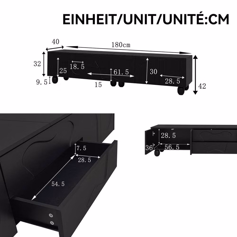 Merax Modern Black TV Lowboard with Curved Doors, Drawers and Solid Wood Legs, W: 180 cm, D: 40 cm, H: 42 cm – 2