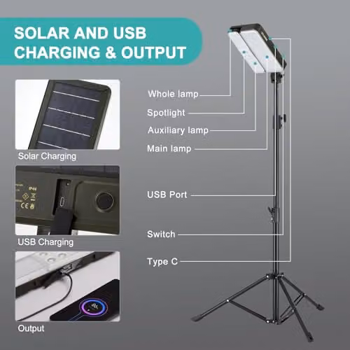 KOOLITE 3000LM Dimmable LED Rechargeable Work Light with Adjustable Tripod Stand, Black 3-in-1 Emergency Floodlight, Height: 200 cm – 4