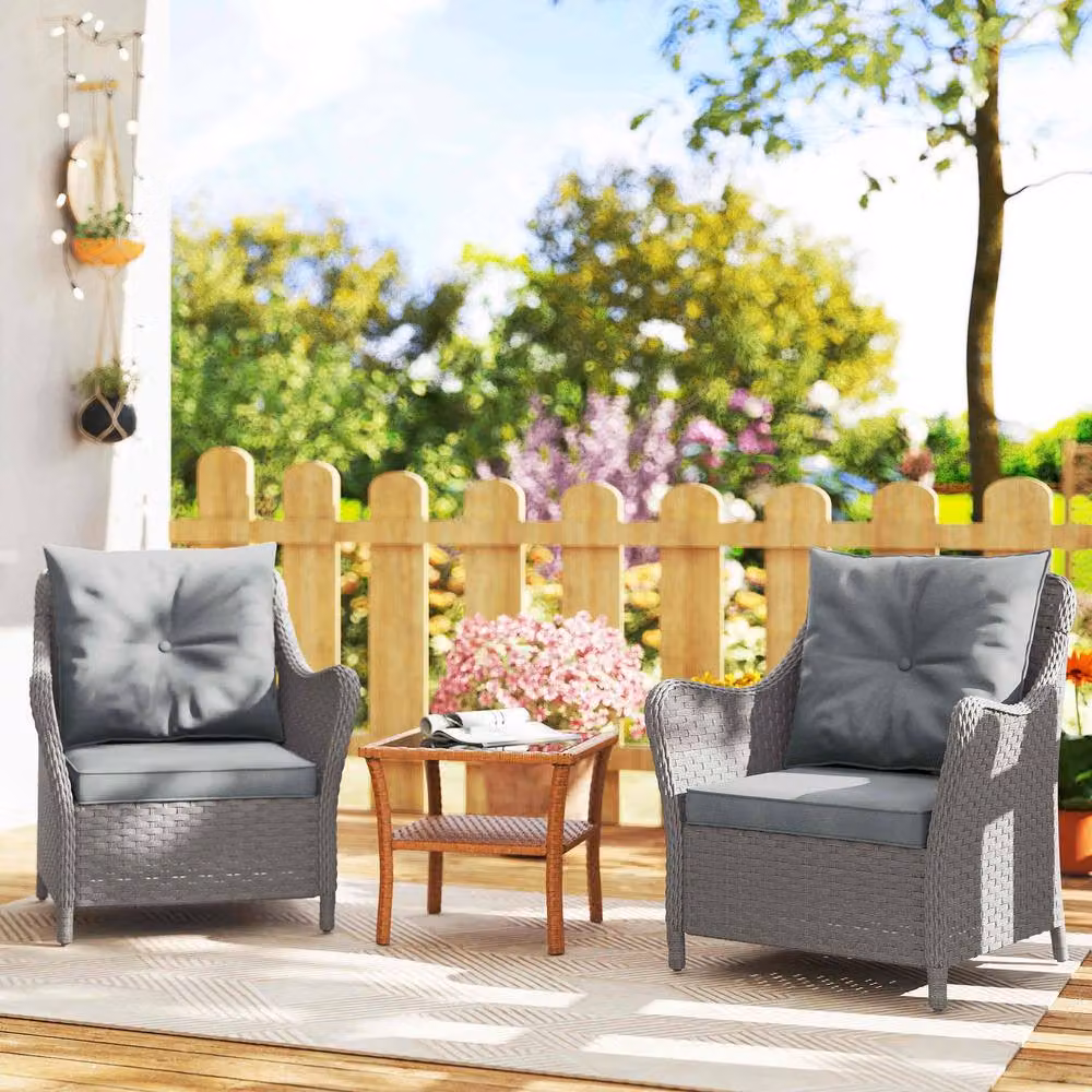 STILVORA Set of 2 Rattan Garden Armchairs with Grey Cushions – 2