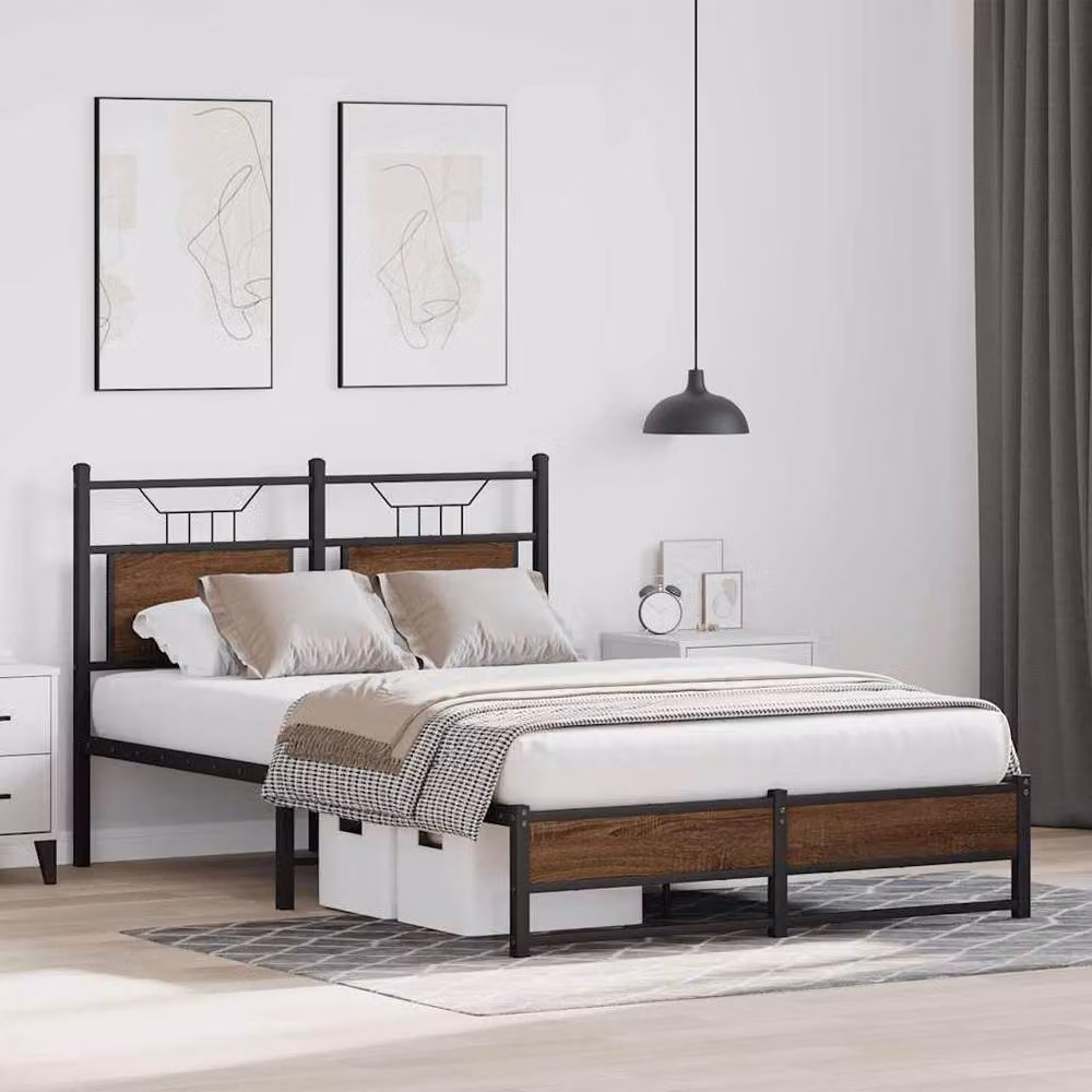 Berkfield Home Small Double Wood and Metal Bed Frame, Brown Oak, W/D/H: 120 x 190 cm – 3