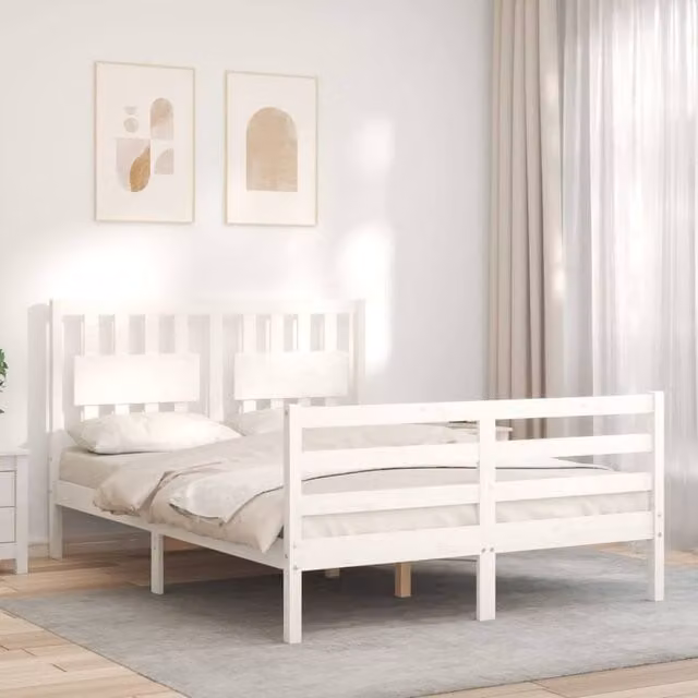 Berkfield Home Beautiful Small Double Bed Frame with Headboard in White Solid Pine Wood, W/D/H: 120 x 200 cm