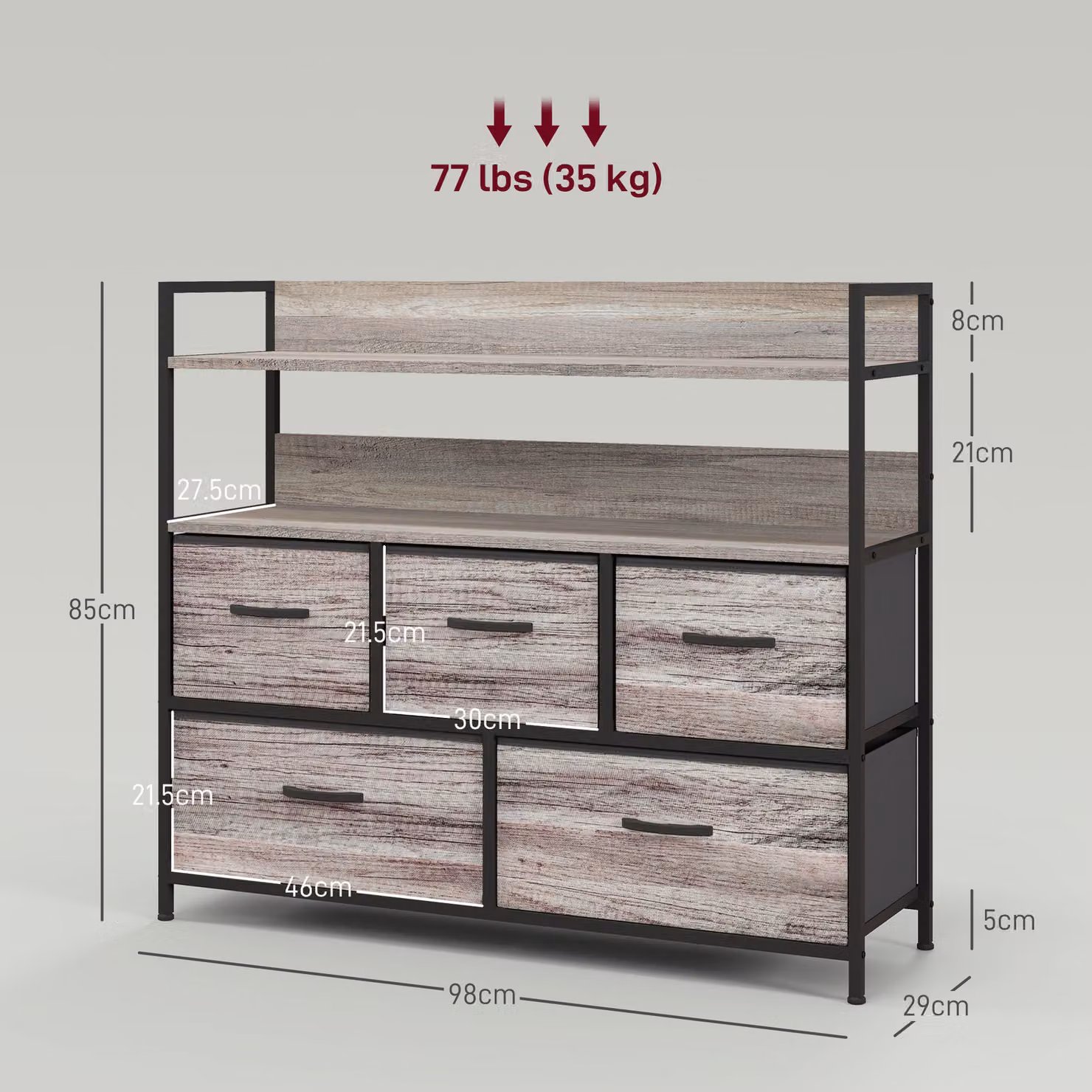 HOMCOM Rustic Grey Wood Effect Chest of Five Fabric Drawers – 3