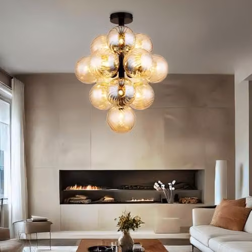 Netlighting Conor Globe Ceiling Light with Amber Glass Spheres and Black Metal Finish, 9x G9 Bulbs, Diameter: 39.5 cm – 3