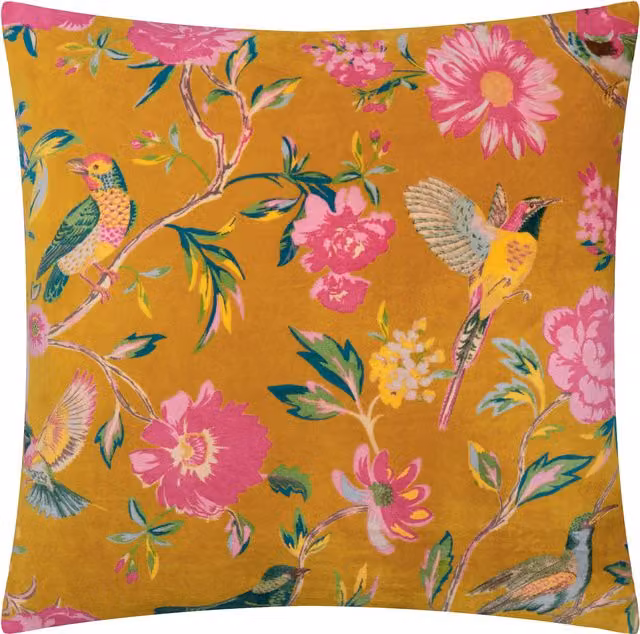 Make It A Home Aviary Cotton Velvet Square Cushion in Orange and Yellow