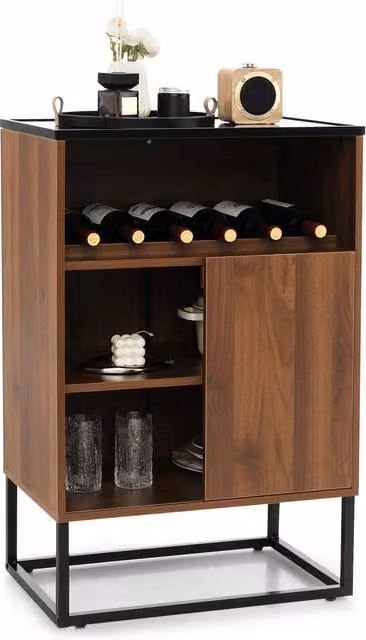 COSTWAY Freestanding Industrial Wine Cabinet with Sliding Glass Doors and Bottle Rack in Brown