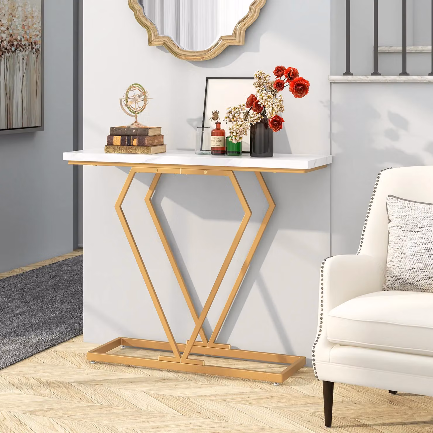 Costway Modern Faux Marble Console Table in White and Gold, W: 100 cm, H: 79 cm – 2