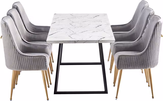 Life Interiors Soho Toga LUX Dining Set with Square Marble Table and 6 Grey Velvet Upholstered Chairs with Gold Metal Legs