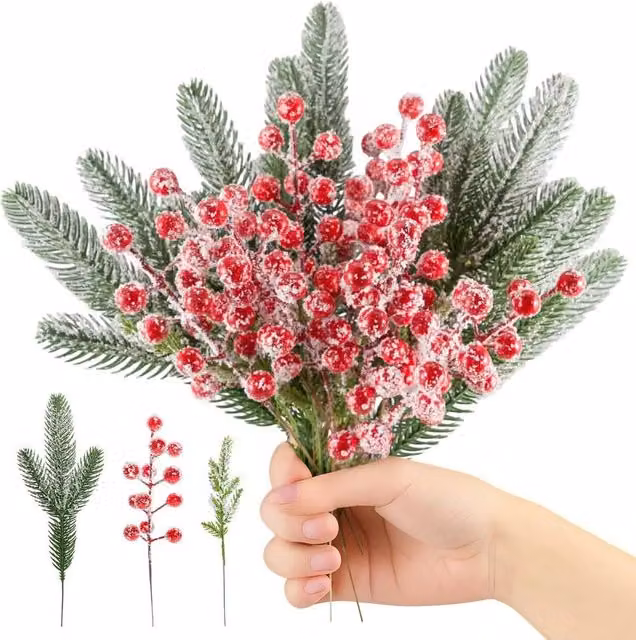 FLAVORA Artificial Red Berries and Frosted Pine Branches for Christmas Decor, Multicolour – 1