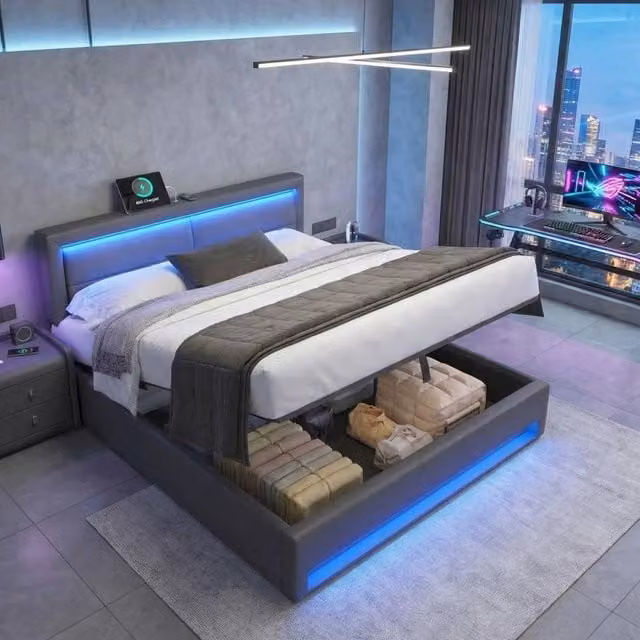 Rolipo Grey Upholstered King Size Bed with Storage, LED Lighting and USB Charging Port, W/D/H: 150 x 200 cm