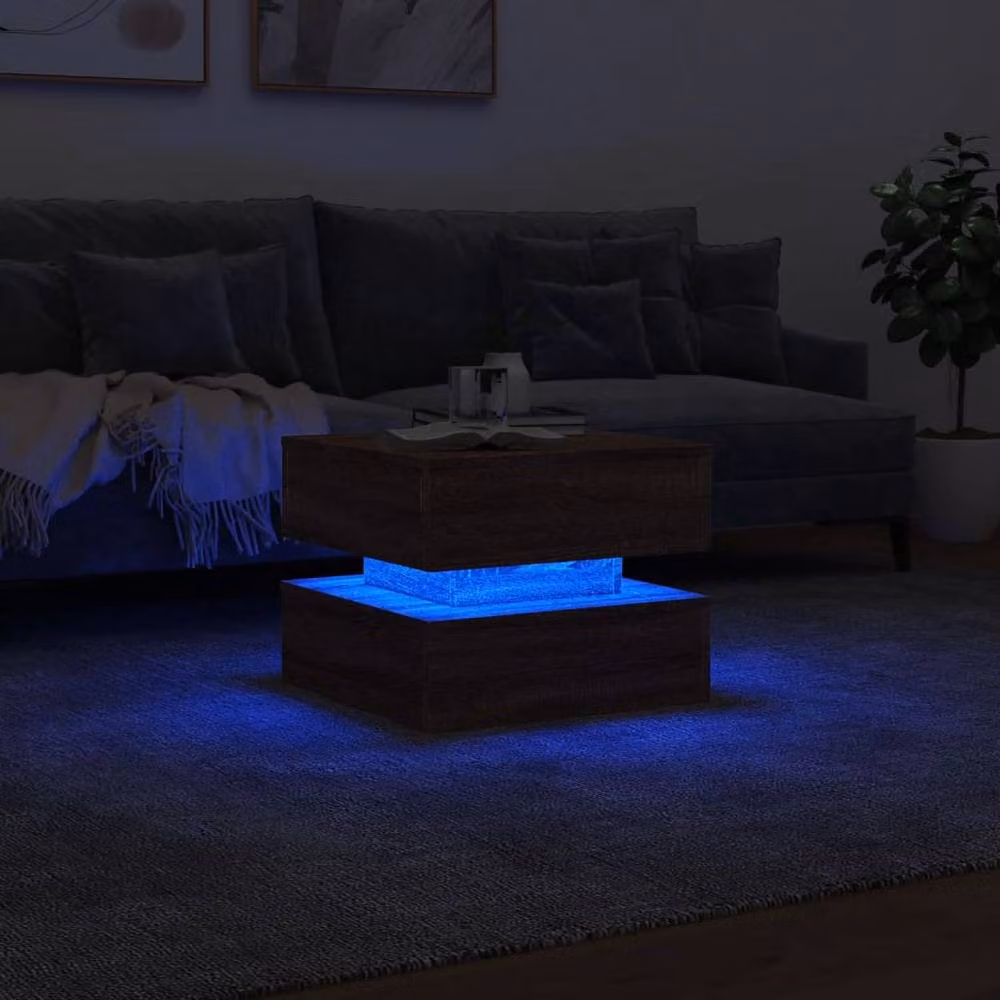 Berkfield Home Modern Square Coffee Table with LED Lights in Brown Oak, W/D/H: 50 x 50 x 40 cm – 4