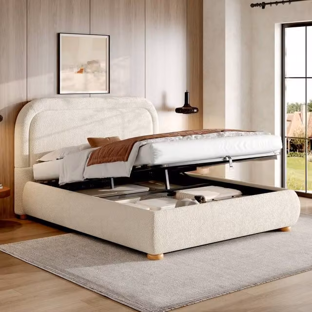 Matteo King Size Ottoman Storage Bed Frame in Beige Bouclé Upholstery W/D/H: 180 x 200 x 150 cm – 1