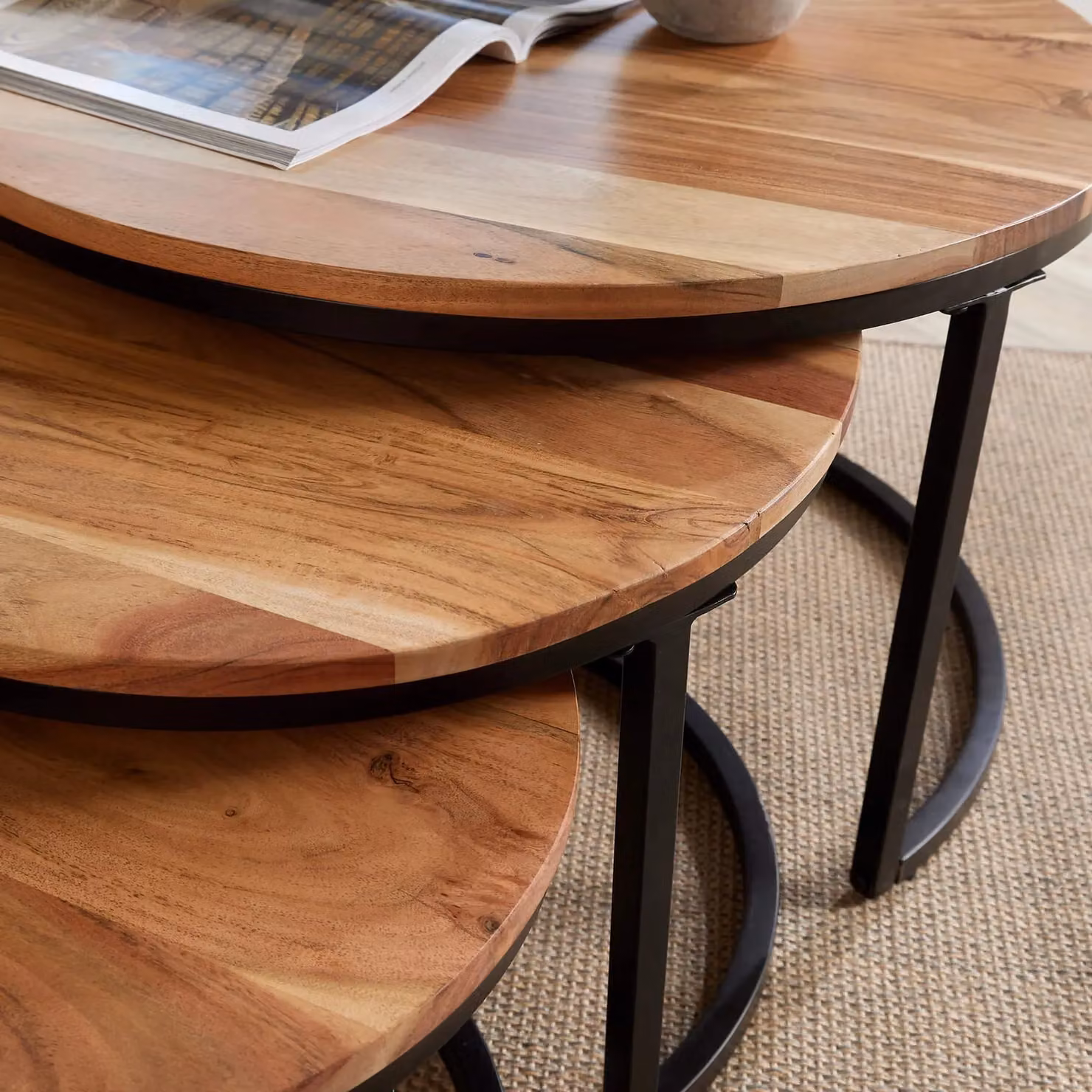 Home Source Nest of 3 Round Acacia Wood and Metal Tables in Brown – 3