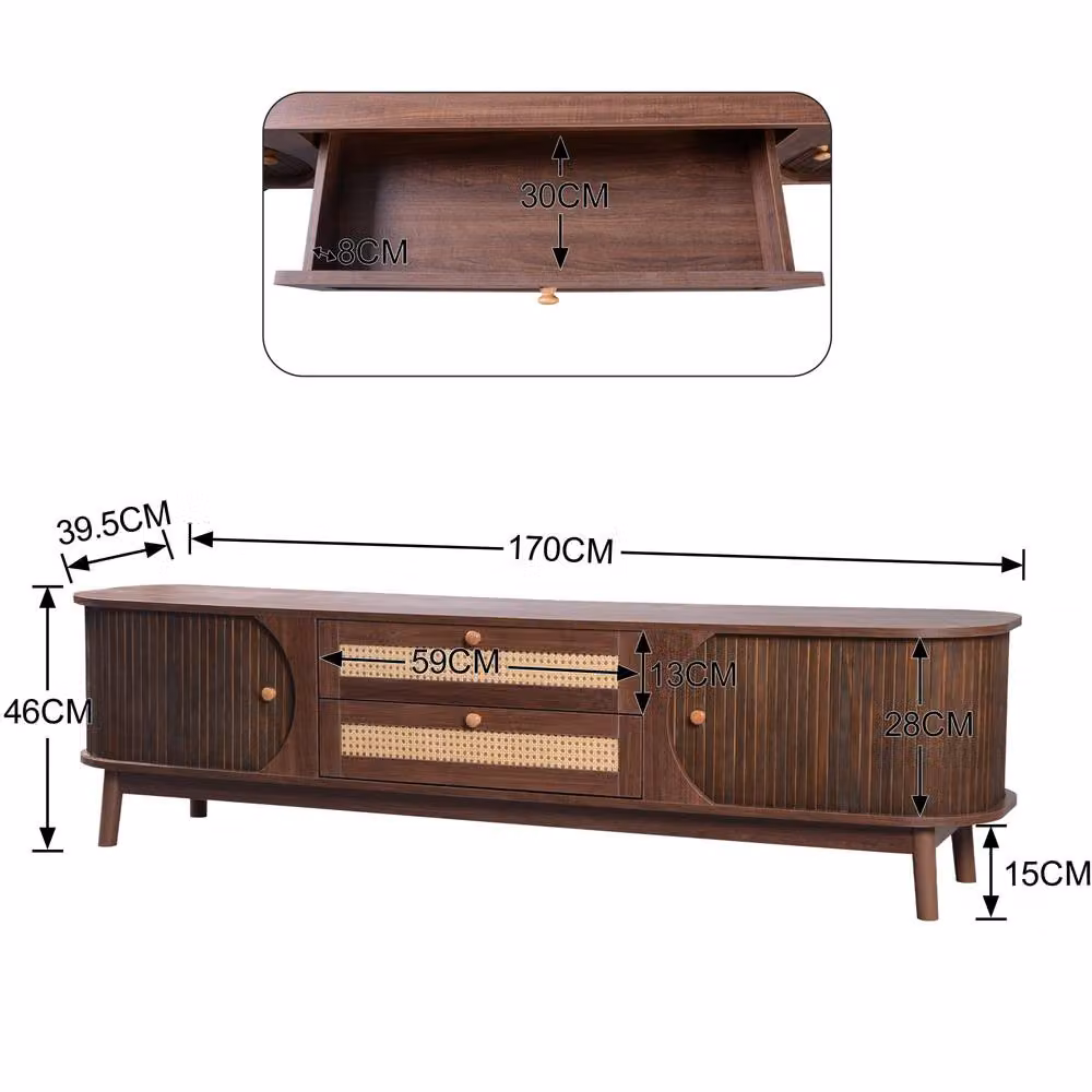 Merax Rattan TV Cabinet with Sliding Doors and Drawers in Brown Walnut – 2