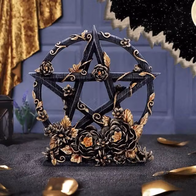 Nemesis Now Gothic Dark Floral Pentagram Tabletop Ornament in Black and Gold, Height: 16.5 cm