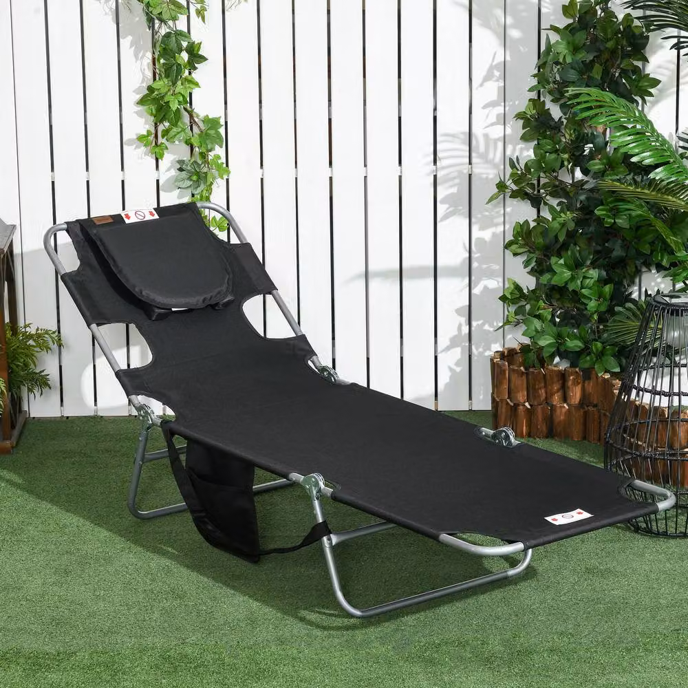 Outsunny Black Textilene Sun Lounger with Adjustable Headrest and Powder Coated Steel Frame, W/D/H: 120 x 55 x 88 cm – 9