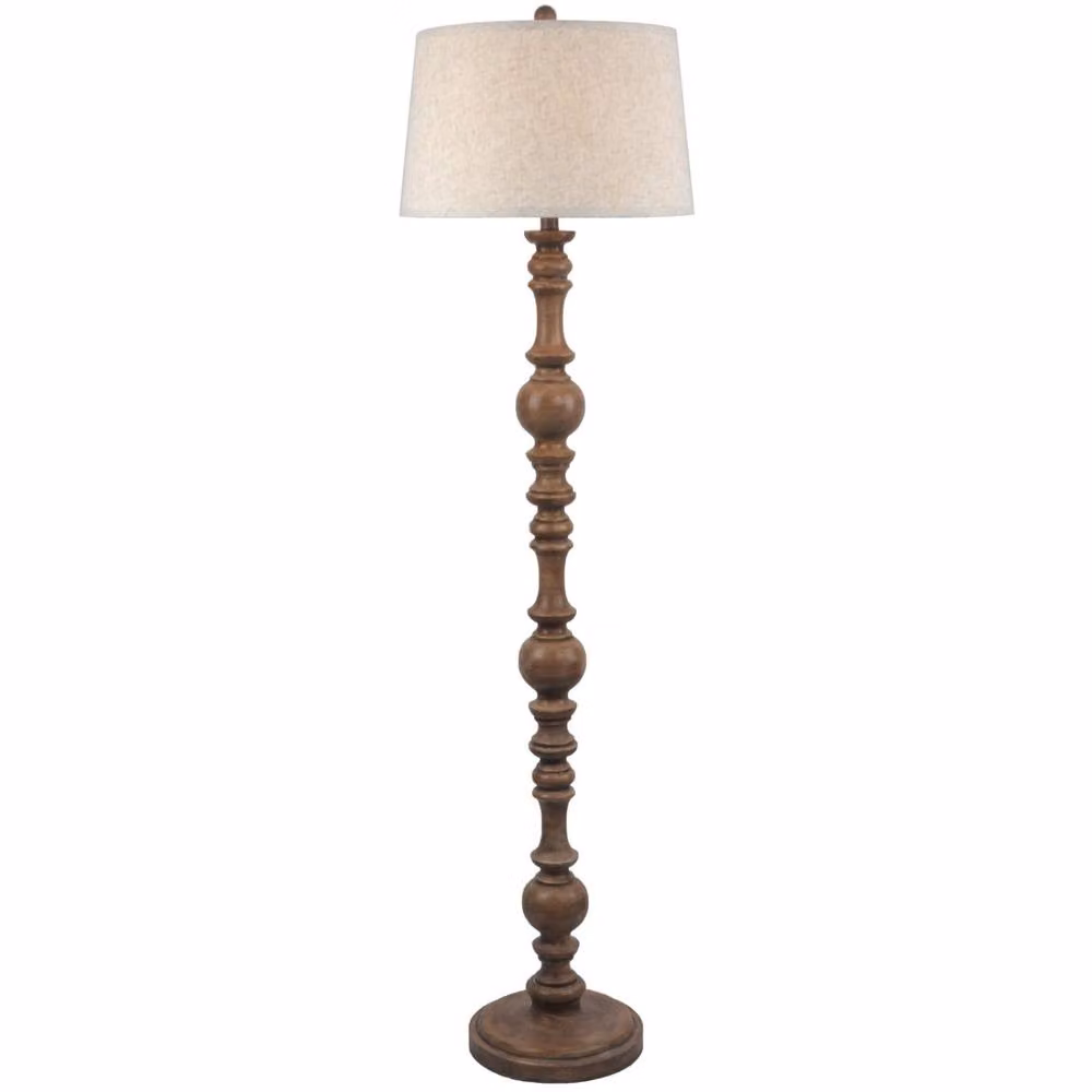 Wyld Haus Perouges Slim Wooden Pillar Floor Lamp with Edged Linen Shade in Brown, Height: 140 cm – 2