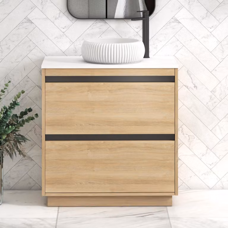 Royal Bathrooms Orion 800mm Natural Oak Floor Standing 2 Drawer Vanity Unit with Milan Basin and Black Accent Trim in White