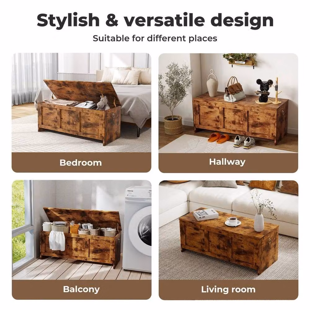 KORVIXA Rustic Wood Storage Chest Trunk in Brown with Soft Close Lid, W/D/H: 100 x 100 x 100 cm – 3