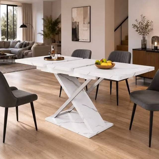 Merax Extendable White Marble Effect Dining Table with X-Frame Legs – 1