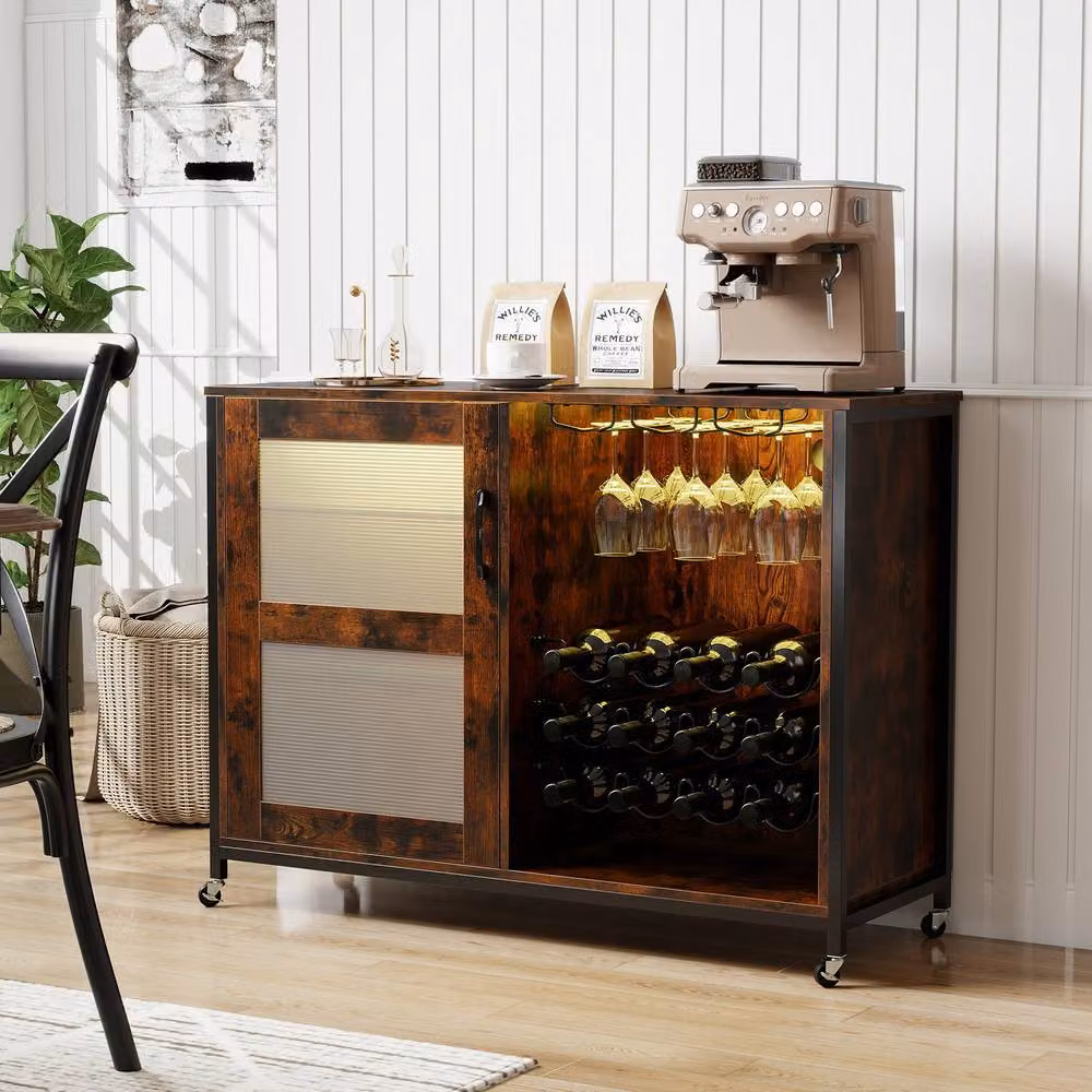 Costway Industrial Wooden Wine Bar Cabinet with LED Lights and Wheels, Brown – 4