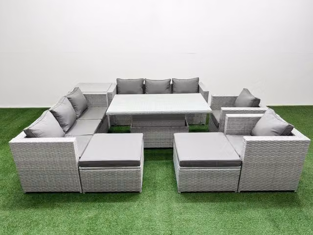 Fimous 8 Piece Rattan Dining Table Set with 3 Seater Sofa in Light Grey