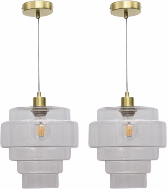 First Choice Lighting Benson Set of 2 5-Tier Glass and Satin Brass Ceiling Pendant Lights, Transparent and Gold/Brass – 1