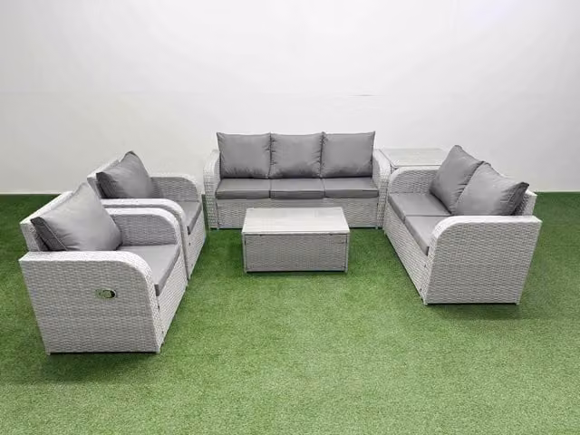Fimous PE Rattan Garden Furniture Set in Light Grey with Adjustable Chairs, Double Love Seat, and Oblong Coffee Table