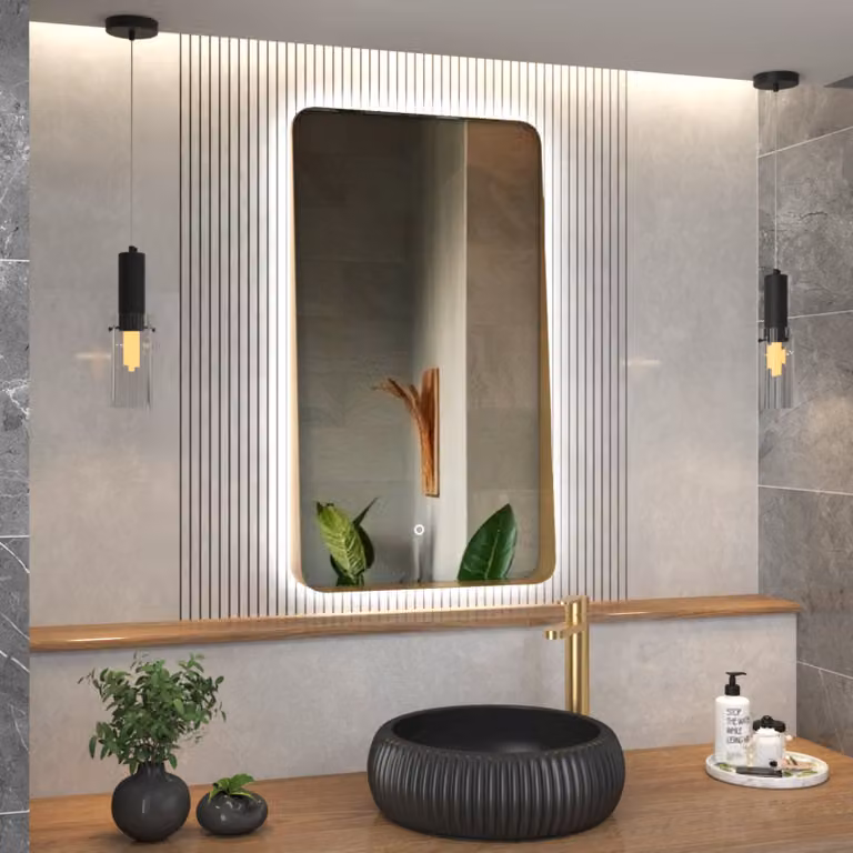 Royal Bathrooms Verona Backlit LED Illuminated Framed Mirror in Gold with Demister Pad and Touch Sensor, W: 90 cm, H: 90 cm, D: 5 cm