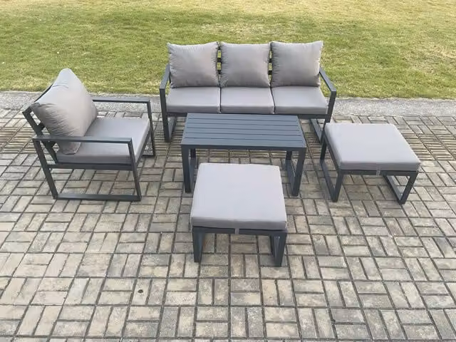 Fimous 5 Piece Aluminium Garden Furniture Set in Dark Grey with Cushions, Armchair and 2 Ottomans for 6 People