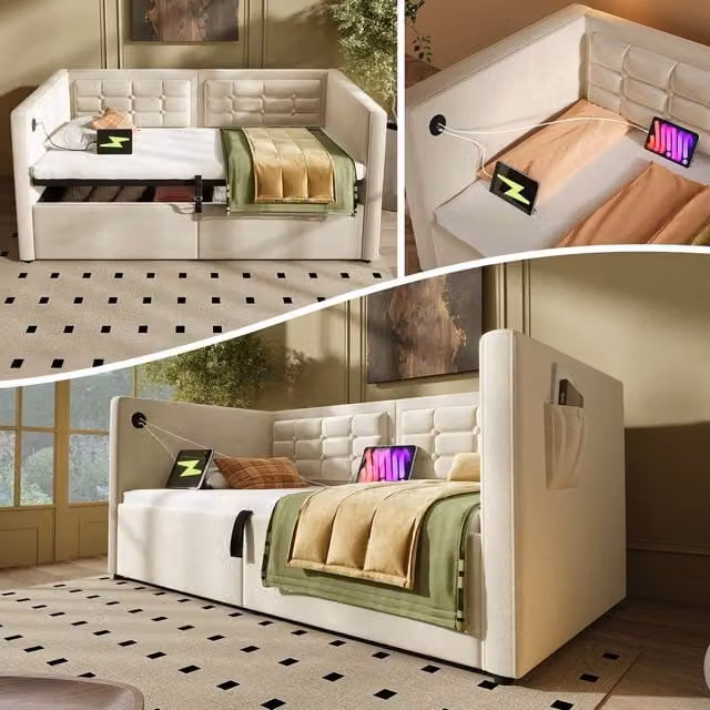 BTM Velvet Upholstered Daybed in Beige with USB Charging Port and Hydraulic Lift-Up Storage, W/D/H: 190 x 90 x 75 cm – 1