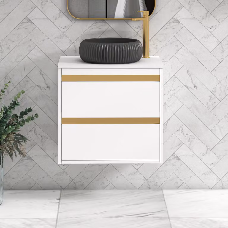 Royal Bathrooms Orion 600mm Matt White Wall Hung 2 Drawer Vanity Unit with Milan Black Basin and Brushed Brass Accent Trim