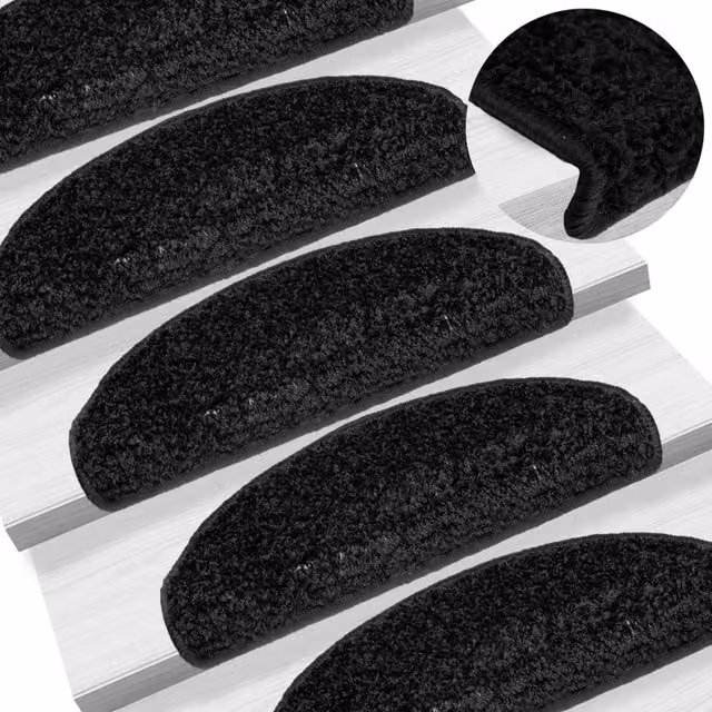 Berkfield Home Non-Slip Carpet Stair Treads, 15 Pieces, Black, W: 65 cm, D: 21 cm, H: 4 cm
