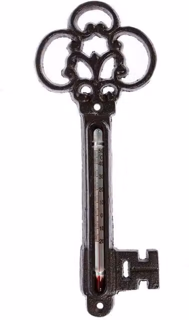 Homescapes Vintage Cast Iron Key Decorative Wall Mounted Thermometer in Brown and Black