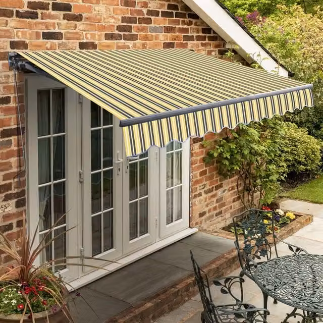Primrose Manual Folding Arm Patio Awning with Yellow and Grey Striped Fabric, W: 250 cm, D: 18 cm