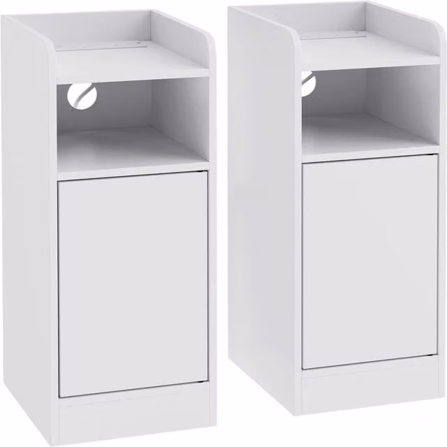 HOMCOM Set of 2 Slim White Bedside Tables with Integrated Charging Station and Adjustable Shelf – 1