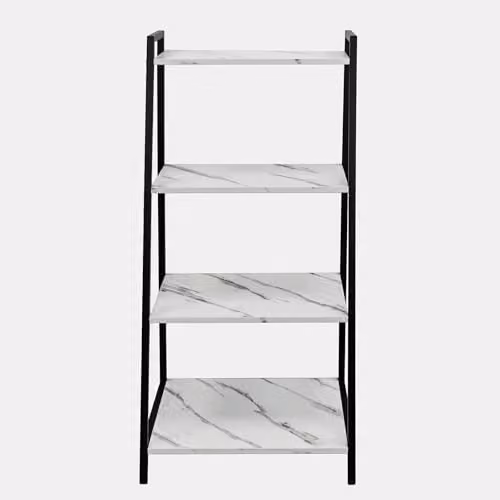 OHS 4 Tier Ladder Shelving Unit in White with Wood and Metal Finish, W/D/H: 90 x 43 x 30 cm – 2