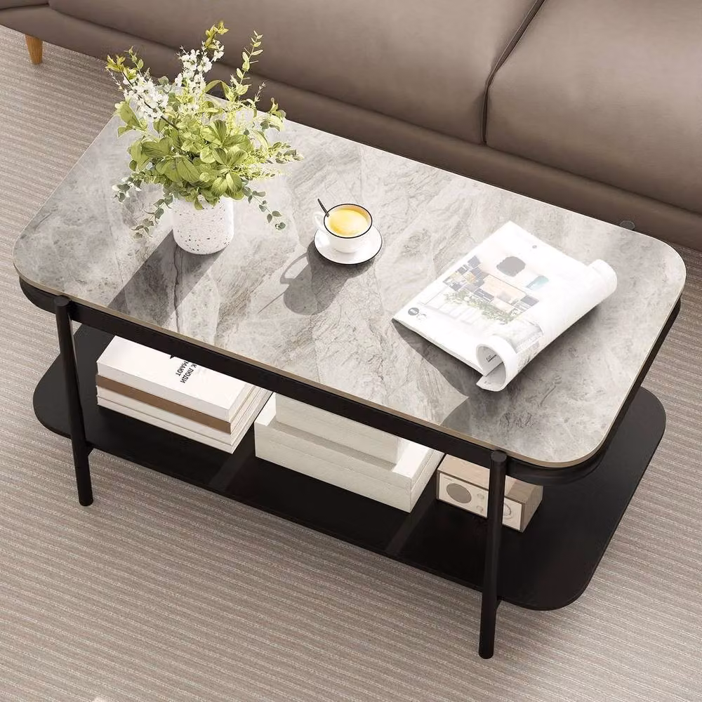 SPETLEK Modern 2-Tier Rectangular Coffee Table with Grey Glossy Sintered Stone Top, W/D/H: 90.0 x 65.0 x 45.5 cm – 6