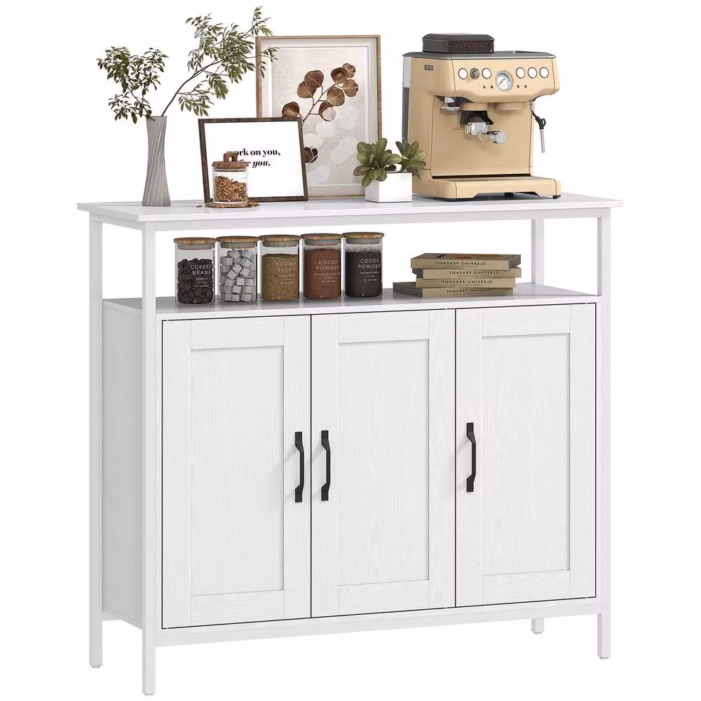 HOMCOM Industrial Kitchen Sideboard with Open Shelf and 2 Cabinets, White – 2