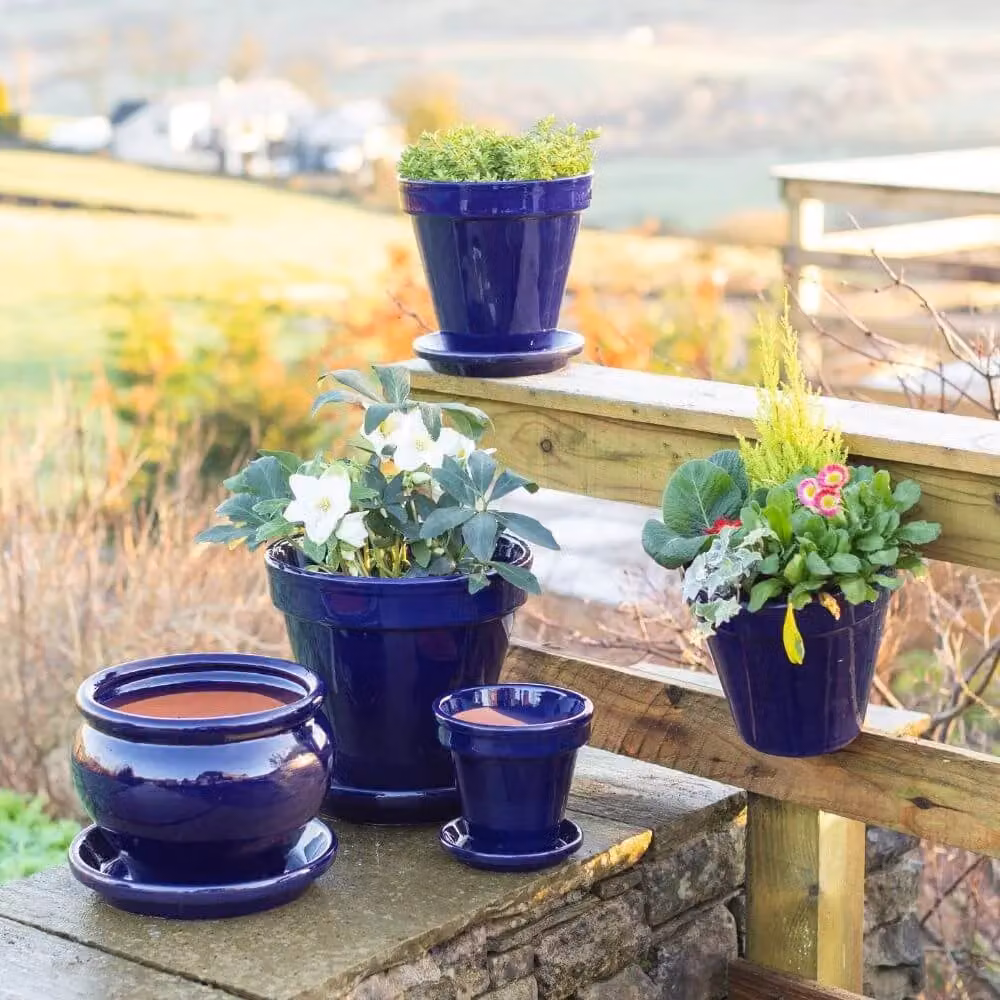 Verano Spanish Ceramics Set of 3 Hand Dipped Blue and Green Terracotta Planters with Drainage Plates W/D/H: 16 x 14 x 23 cm, 23 x 22 x 29 cm and 29 x 27 x 29 cm – 3