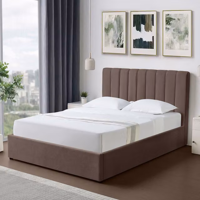 Artemis Home Evelynne Upholstered Fabric Double Ottoman Bed Frame with Storage in Brown, W/D/H: 135 x 140 x 190 cm
