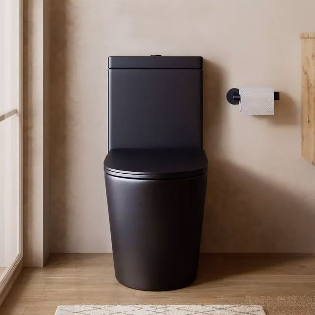 Banyetti Scene Rimless Close Coupled Back to Wall Toilet in Matt Black with Soft Close Seat, W: 37 cm, D: 60.5 cm, H: 80 cm