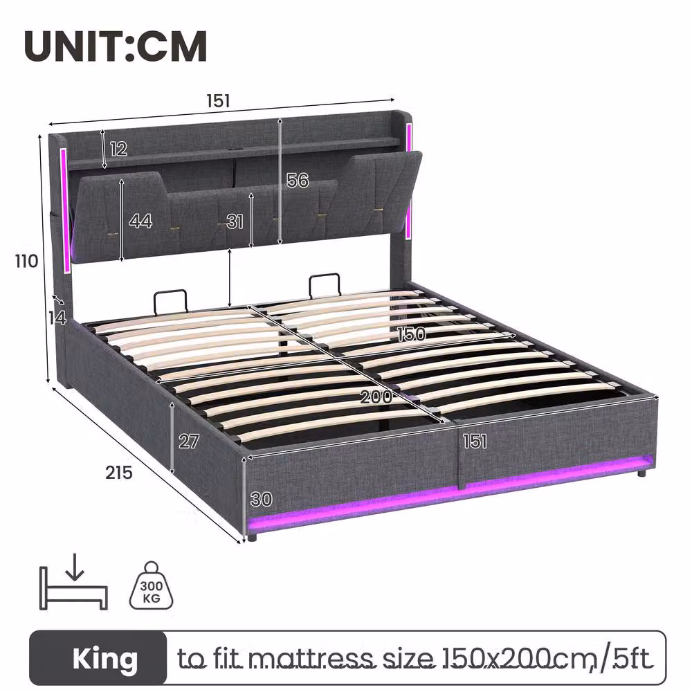Matteo King Upholstered Bed Frame with Hydraulic Storage, LED Lighting and USB Charging Port, Grey Linen, W/D/H: 180 x 200 x 151 cm – 7